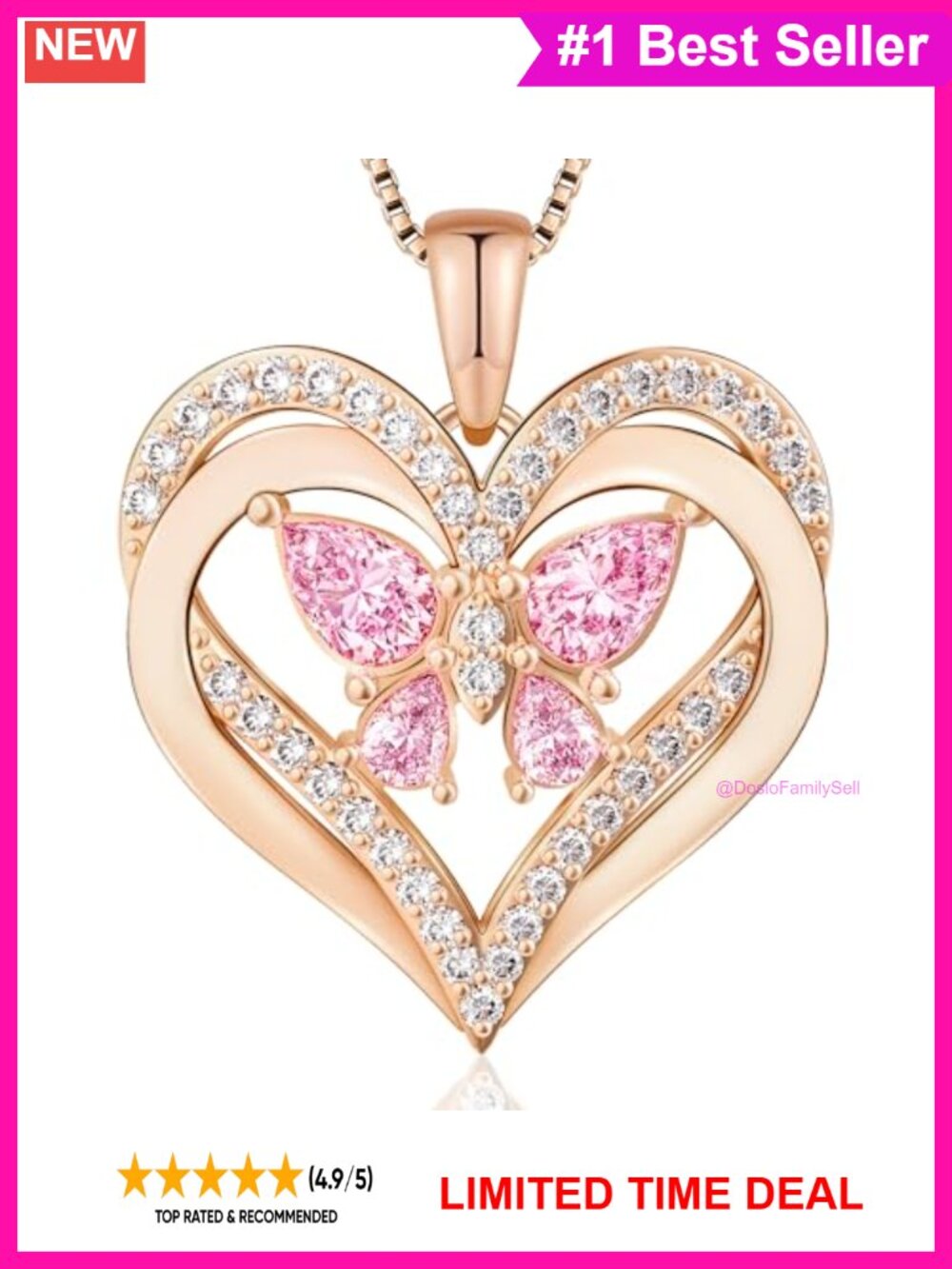 925 Sterling Silver Heart Pendant Necklace Butterfly Cubic Zirconia Gift
